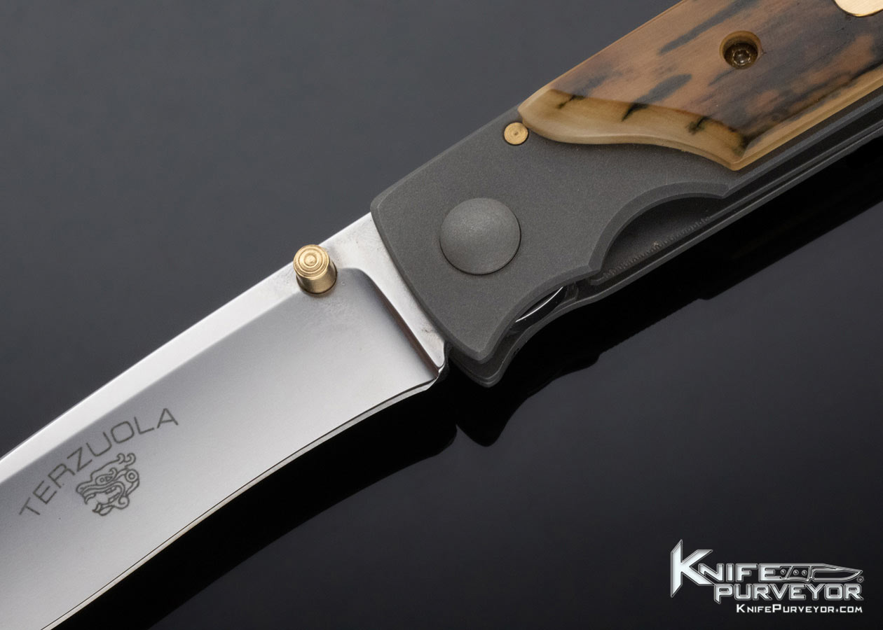 Bob Terzuola Custom Knife Bead Blasted Titanium Mammoth Linerlock with Gold Escutcheon - Image 2
