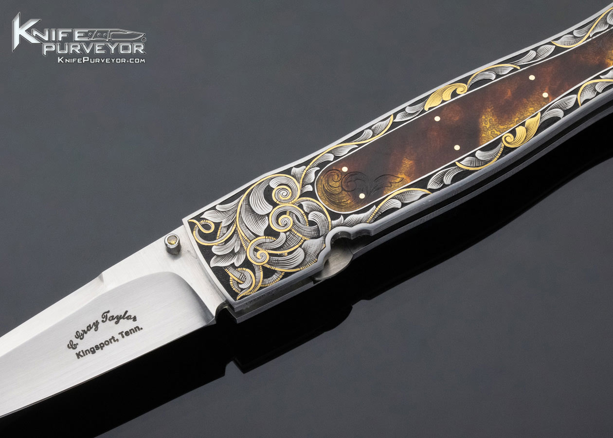 C. Gray Taylor Custom Knife Amber Interframe Linerlock Engraved by Scott Pilkington with Gold Inlays - Image 2
