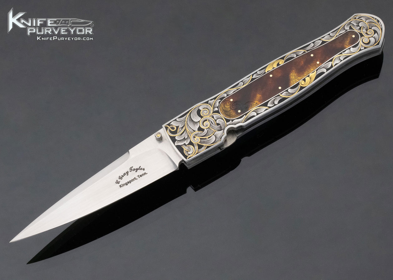 C. Gray Taylor Custom Knife Amber Interframe Linerlock Engraved by Scott Pilkington with Gold Inlays 12458