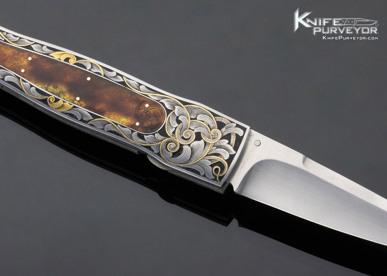C. Gray Taylor Custom Knife Amber Interframe Linerlock Engraved by Scott Pilkington with Gold Inlays - Image 4