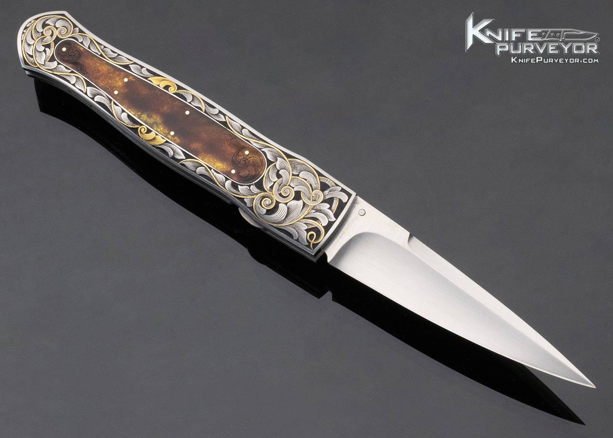 C. Gray Taylor Custom Knife Amber Interframe Linerlock Engraved by Scott Pilkington with Gold Inlays - Image 3
