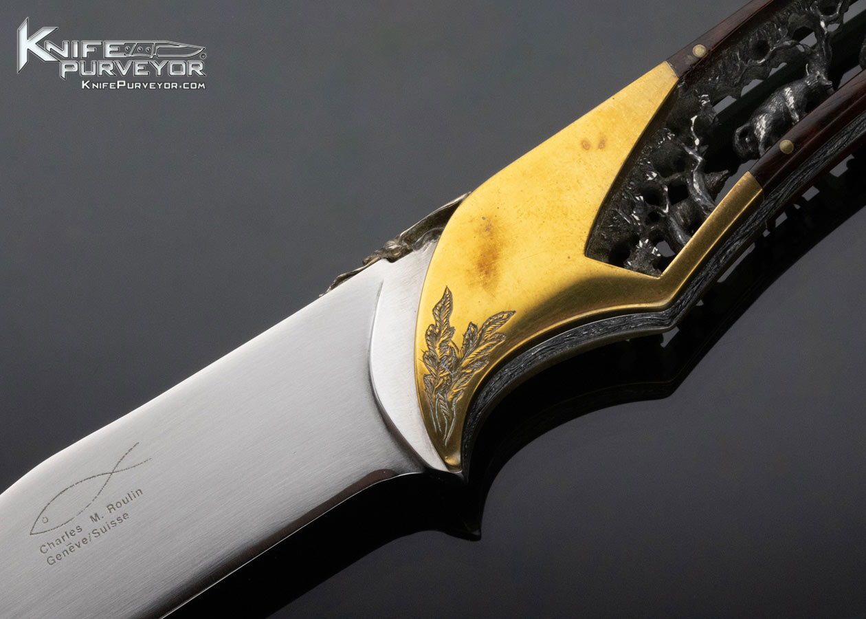 Charles Roulin Custom Knife Engraved Brass, Desert Ironwood with Carved and Skeletonized "Wildlife" Stainless Steel Fixed Blade - Image 2