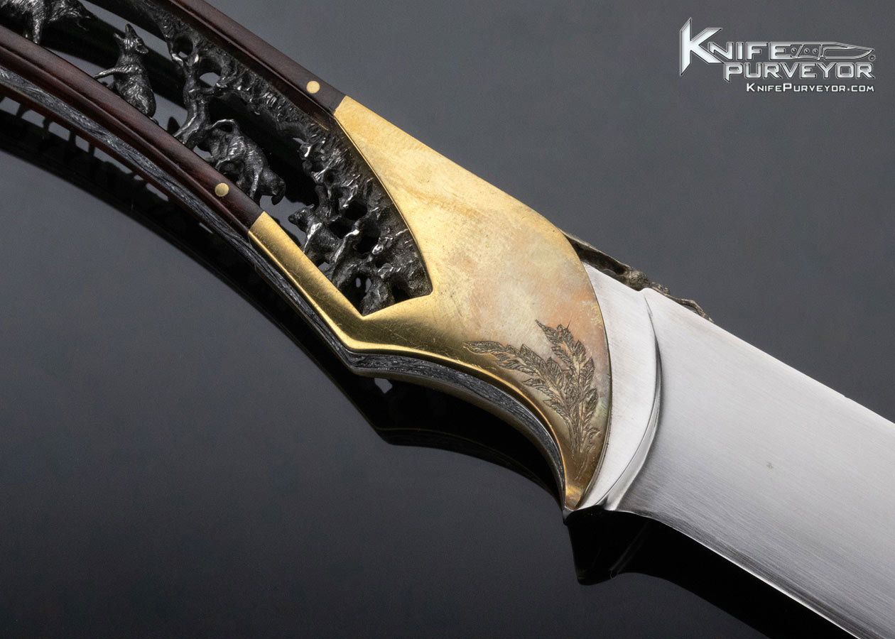 Charles Roulin Custom Knife Engraved Brass, Desert Ironwood with Carved and Skeletonized "Wildlife" Stainless Steel Fixed Blade - Image 5