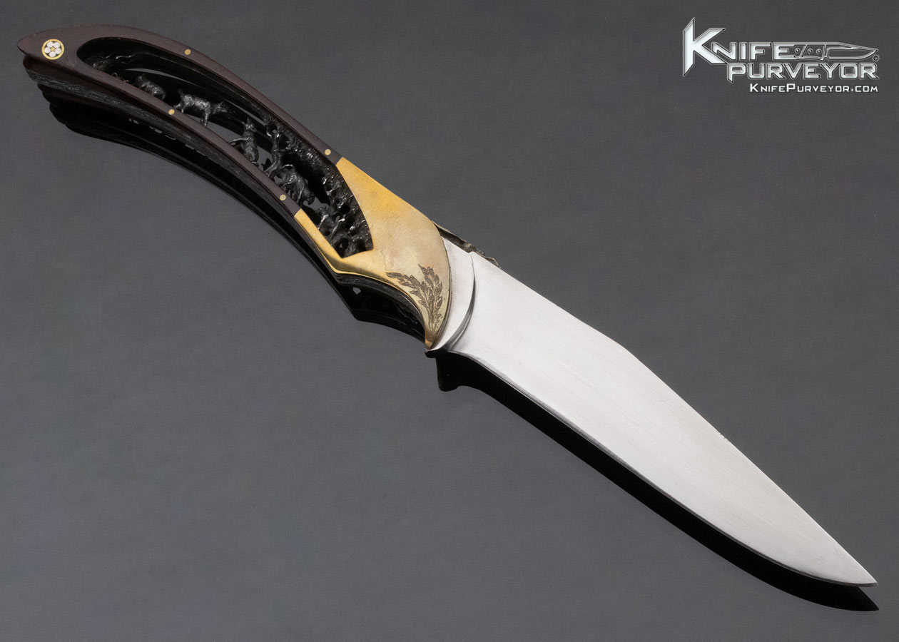 Charles Roulin Custom Knife Engraved Brass, Desert Ironwood with Carved and Skeletonized "Wildlife" Stainless Steel Fixed Blade - Image 4