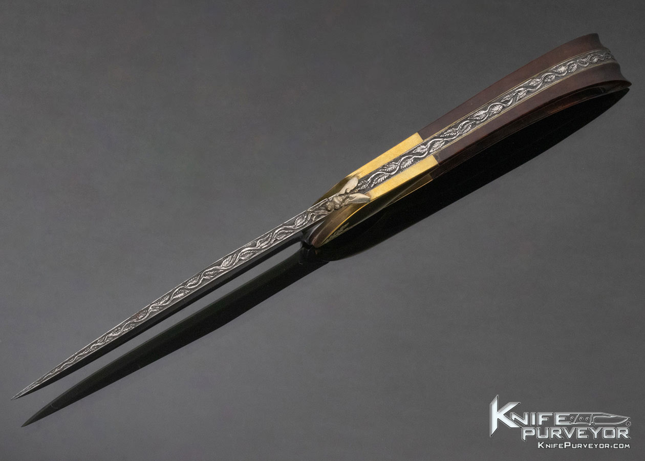 Charles Roulin Custom Knife Engraved Brass, Desert Ironwood with Carved and Skeletonized "Wildlife" Stainless Steel Fixed Blade - Image 7