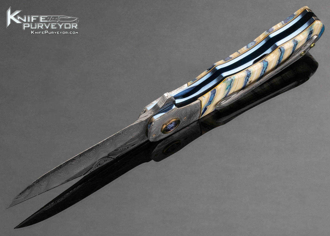 George Mueller Custom Knife Damascus Meteorite and Mammoth Tooth Linerlock Flipper 14619