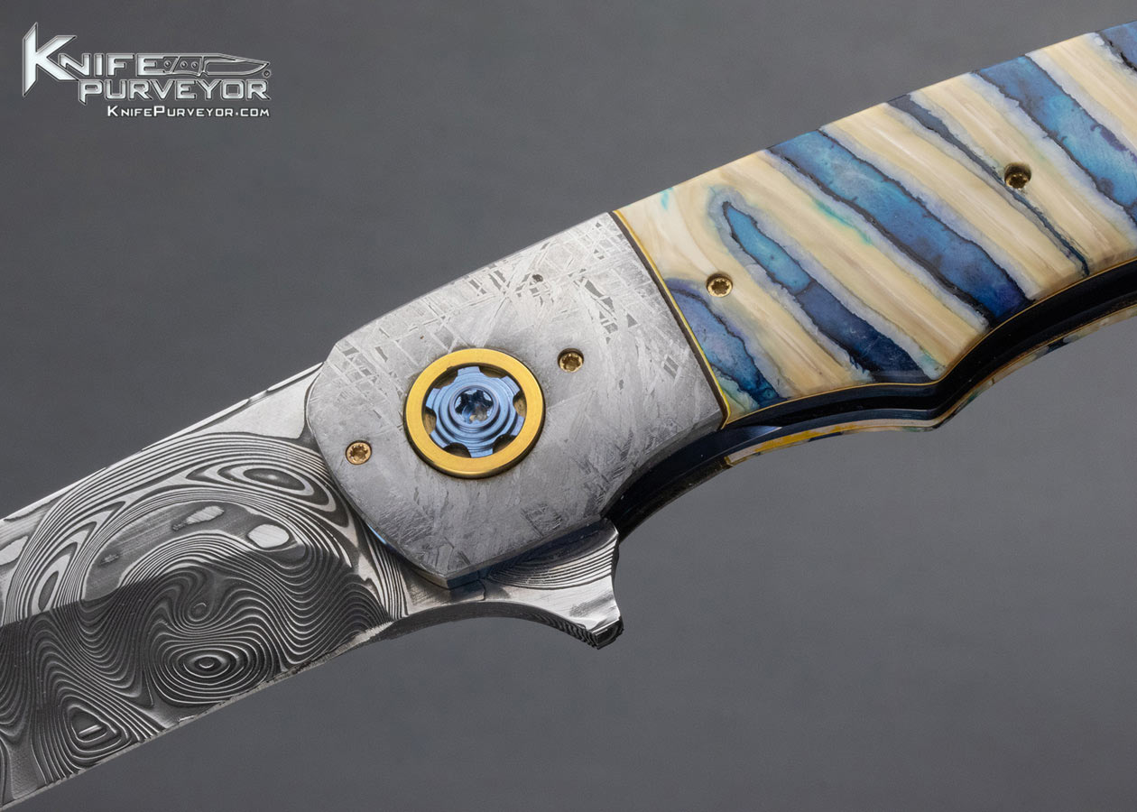 George Mueller Custom Knife Damascus Meteorite and Mammoth Tooth Linerlock Flipper - Image 2