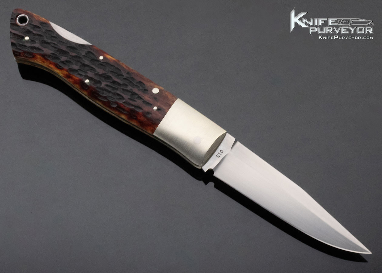 Jess Horn Custom Knife Jigged Bone and Nickle Silver Fighter Lockback #013 - Image 3