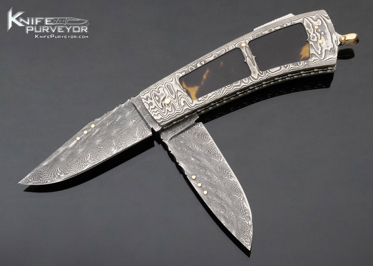 Kaj Embretsen Custom Knife 2 Blade Sole Authorship Damascus Amber Interframe Lockback and Bail Lock 12401