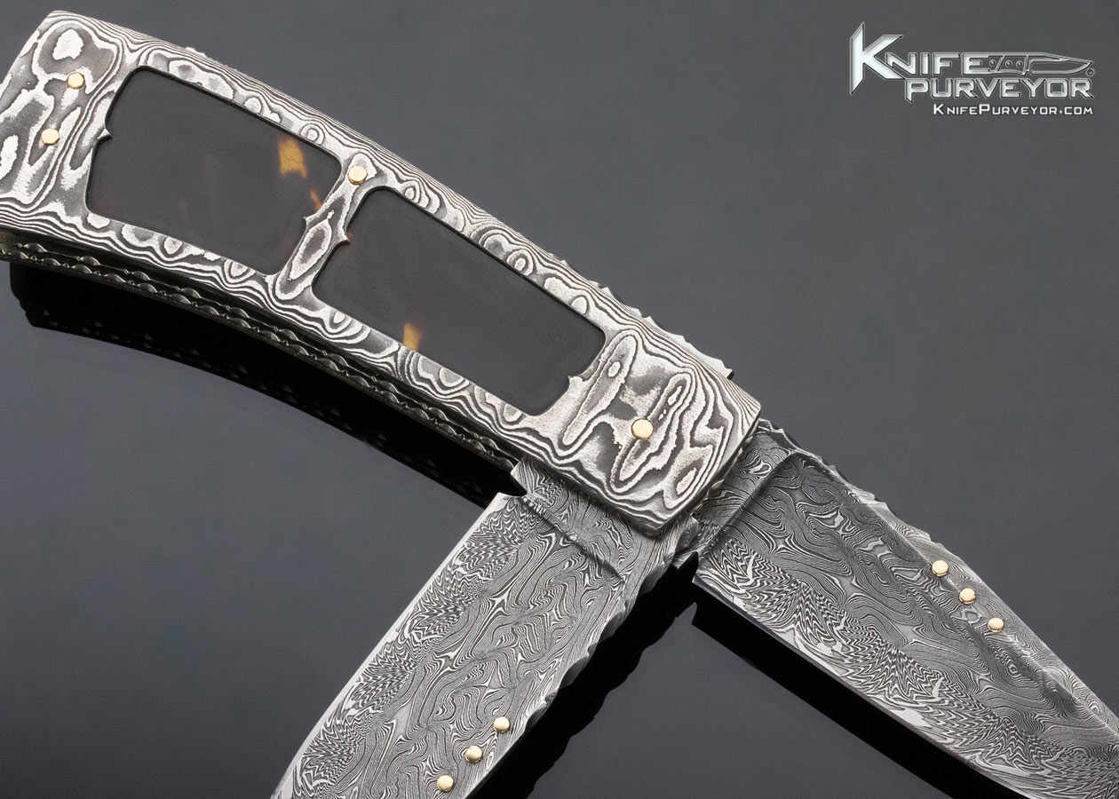 Kay Embretsen Custom Knife 2 Blade Sole Authorship Damascus Amber Interframe Lockback and Bail Lock - Image 4