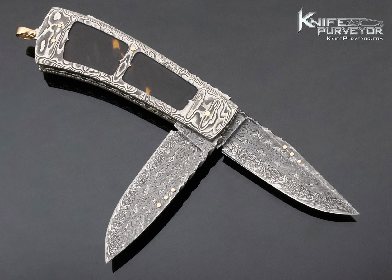 Kay Embretsen Custom Knife 2 Blade Sole Authorship Damascus Amber Interframe Lockback and Bail Lock - Image 3