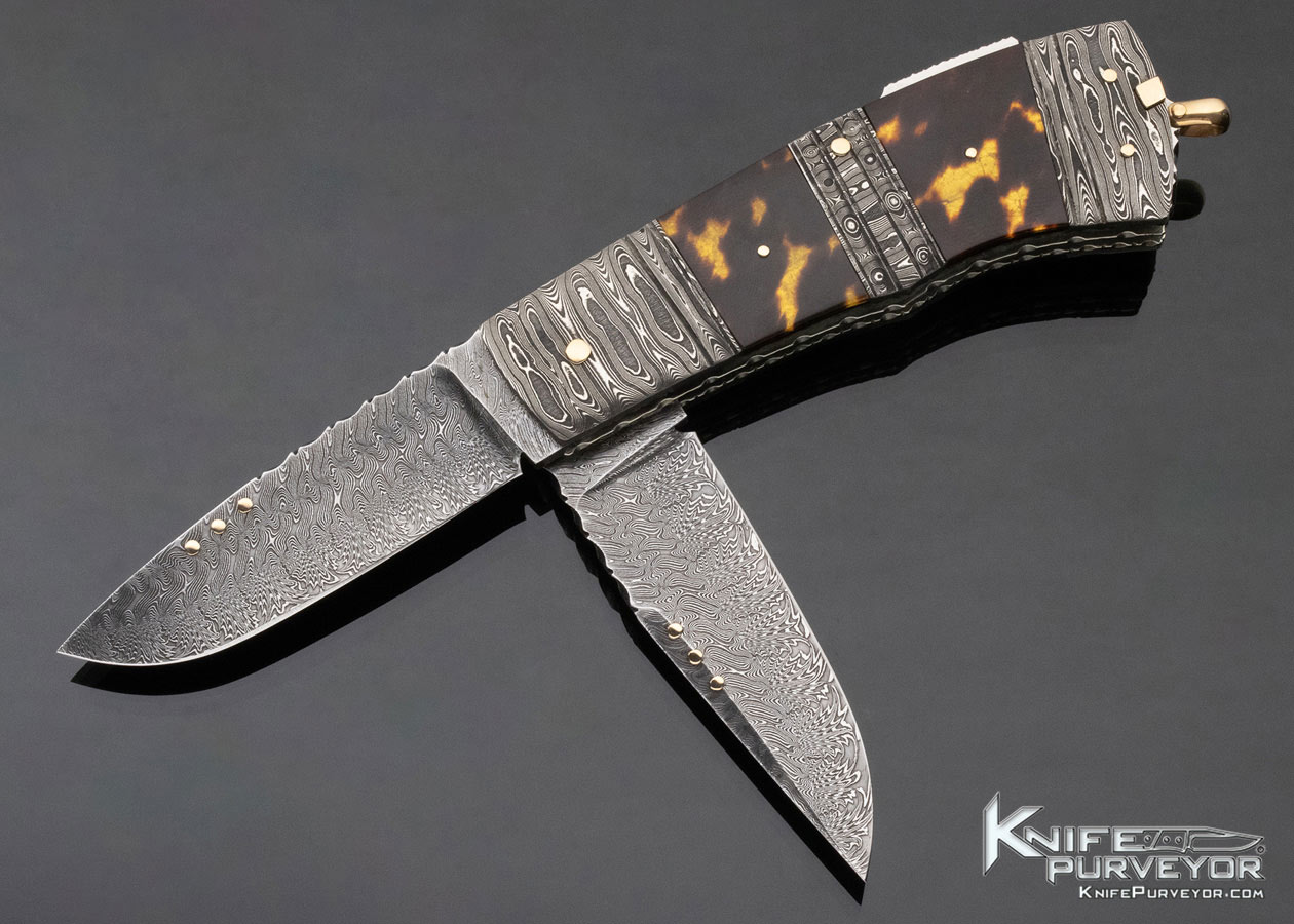 Kaj Embretsen Custom Knife Triple Bolstered Amber 2 Blade Damascus Lockback and Bail Lock with Gold Toothpick and Tweesers 12400