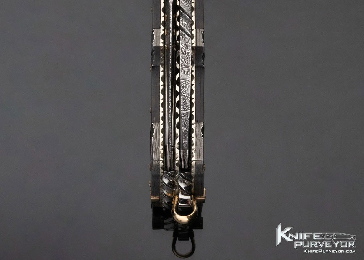 Kay Embretsen Custom Knife Triple Bolstered Amber 2 Blade Damascus Lockback and Bail Lock with Gold Toothpick and Tweezers - Image 7