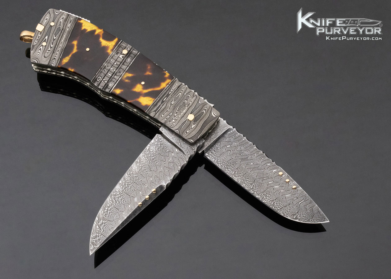Kay Embretsen Custom Knife Triple Bolstered Amber 2 Blade Damascus Lockback and Bail Lock with Gold Toothpick and Tweezers - Image 3