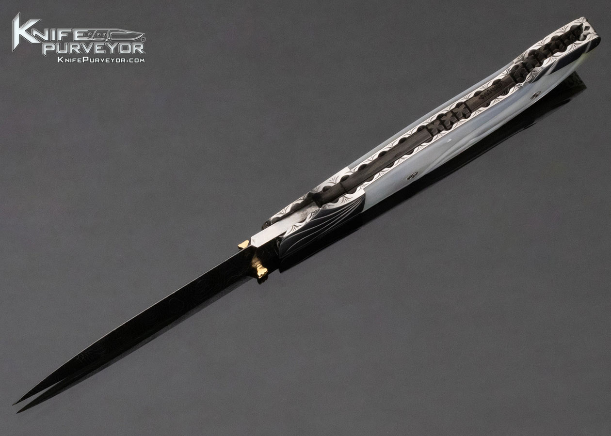 Larry Newton Custom Knife Carved Mother of Pearl Front Lock with Damascus Blade Engraved by Bailey Bradshaw - Image 7