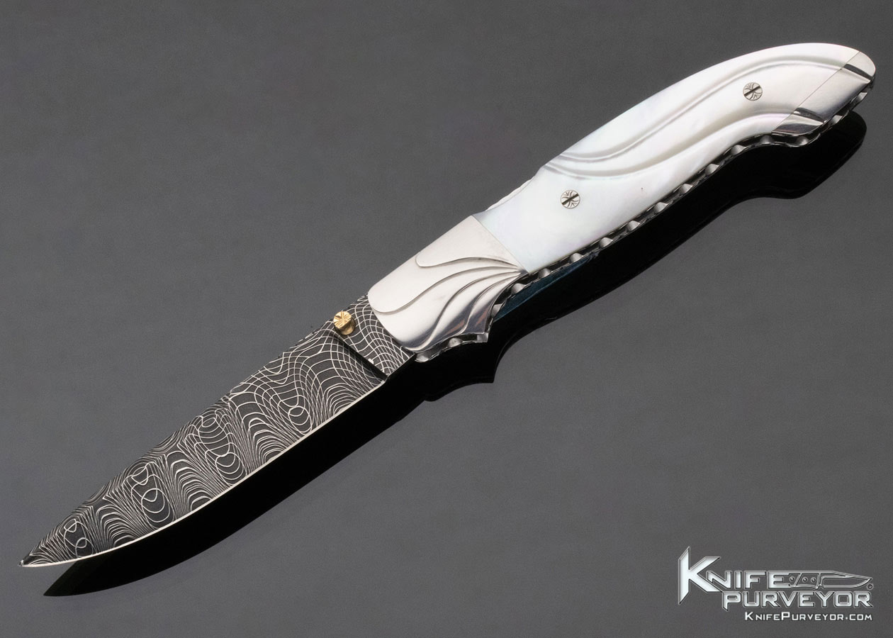 Larry Newton Custom Knife Carved Mother of Pearl Front Lock with Damascus Blade Engraved by Bailey Bradshaw 12422
