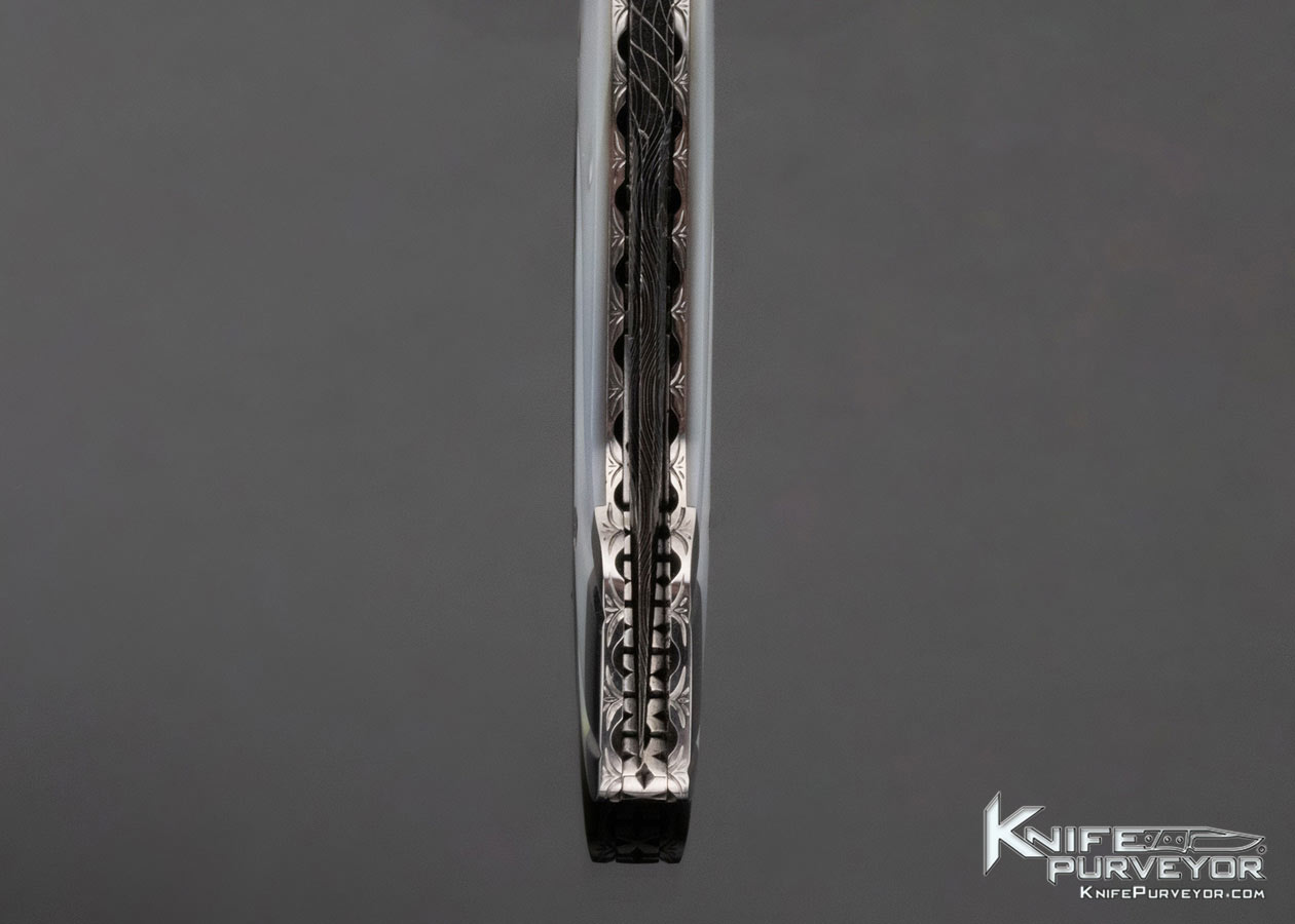 Larry Newton Custom Knife Carved Mother of Pearl Front Lock with Damascus Blade Engraved by Bailey Bradshaw - Image 8