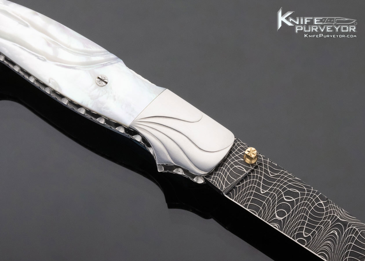 Larry Newton Custom Knife Carved Mother of Pearl Front Lock with Damascus Blade Engraved by Bailey Bradshaw - Image 4