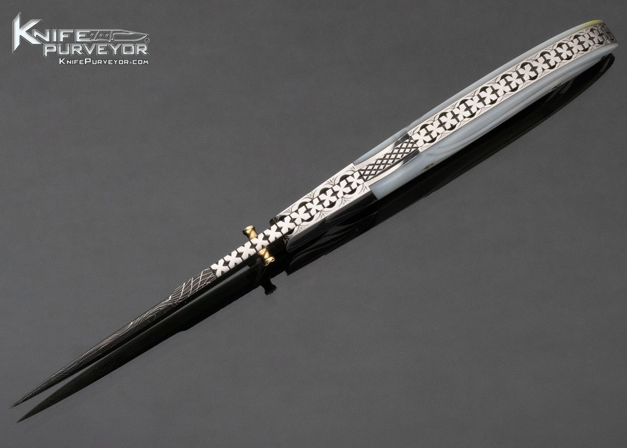 Larry Newton Custom Knife Carved Mother of Pearl Front Lock with Damascus Blade Engraved by Bailey Bradshaw - Image 6