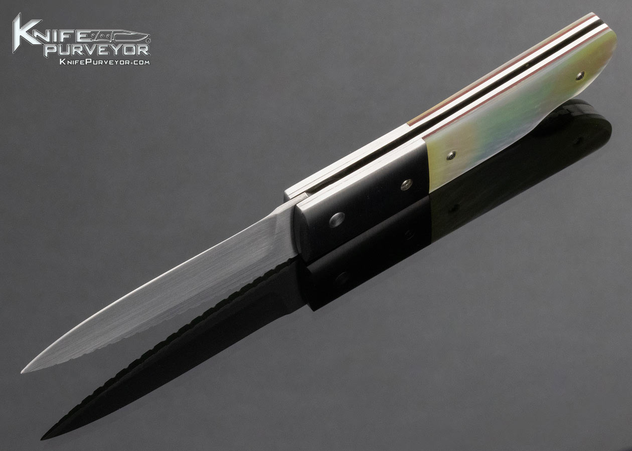 Mel Pardue Custom Knife Mother of Pearl with Red Spacers and Titanium Bolsters, File Worked Lockback 14695