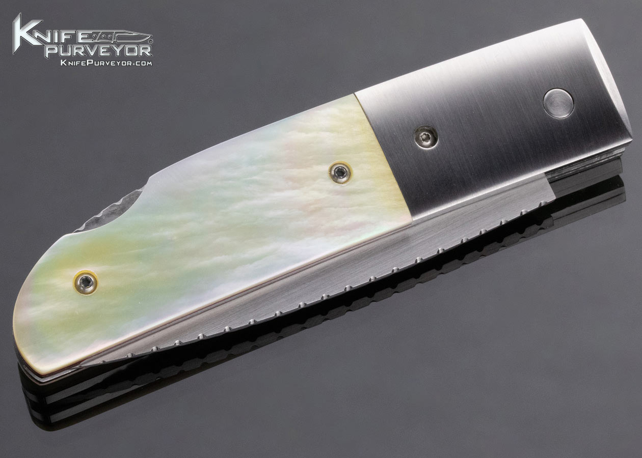 Mel Pardue Custom Knife Goldlip Pearl with Red Spacers and Titanium Bolsters, File Worked Lockback - Image 4