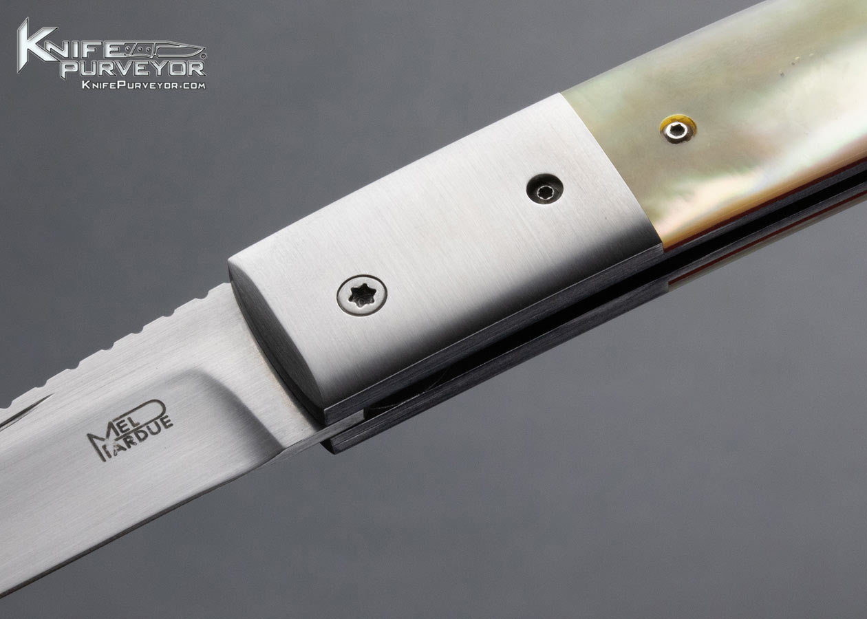 Mel Pardue Custom Knife Goldlip Pearl with Red Spacers and Titanium Bolsters, File Worked Lockback - Image 2