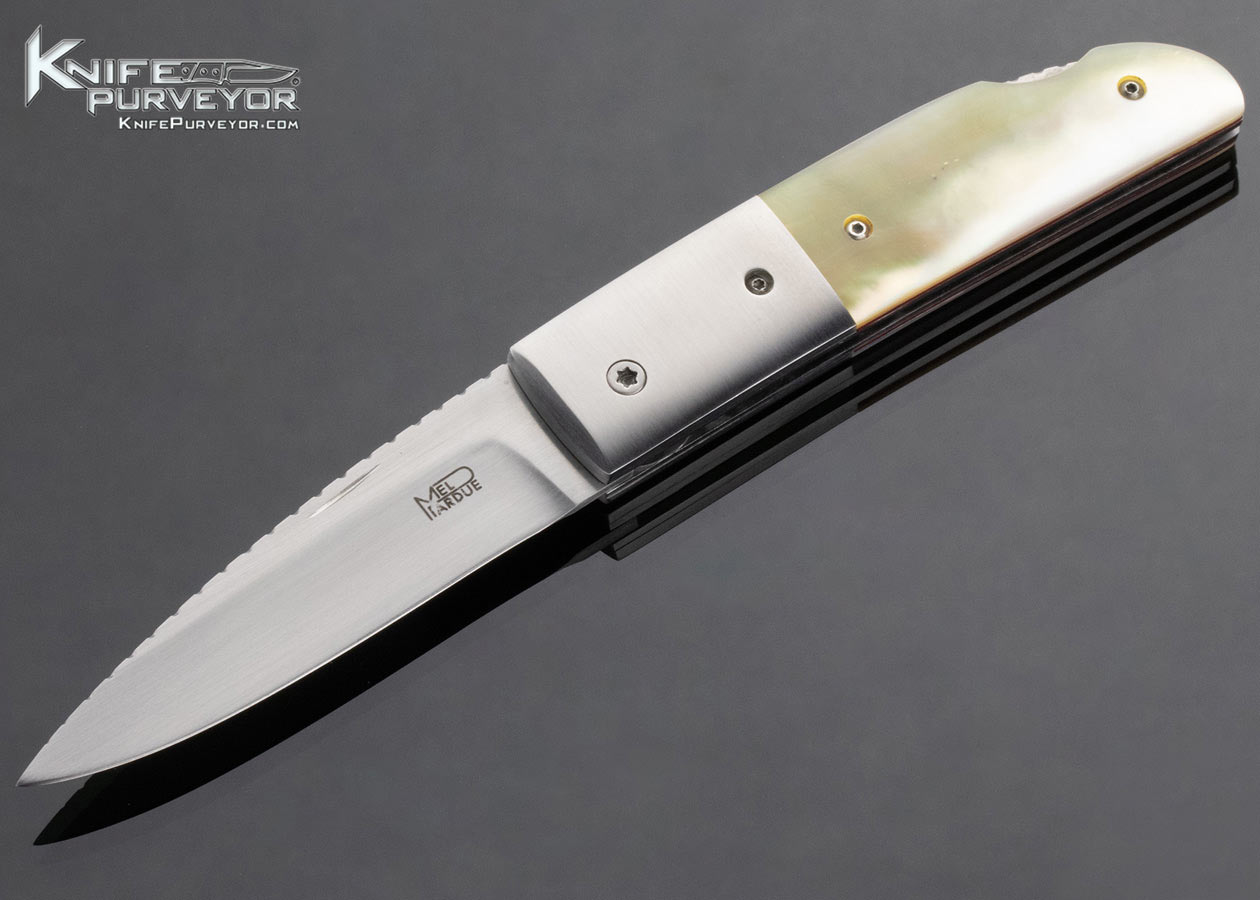 Mel Pardue Custom Knife Mother of Pearl with Red Spacers and Titanium Bolsters, File Worked Lockback 14695