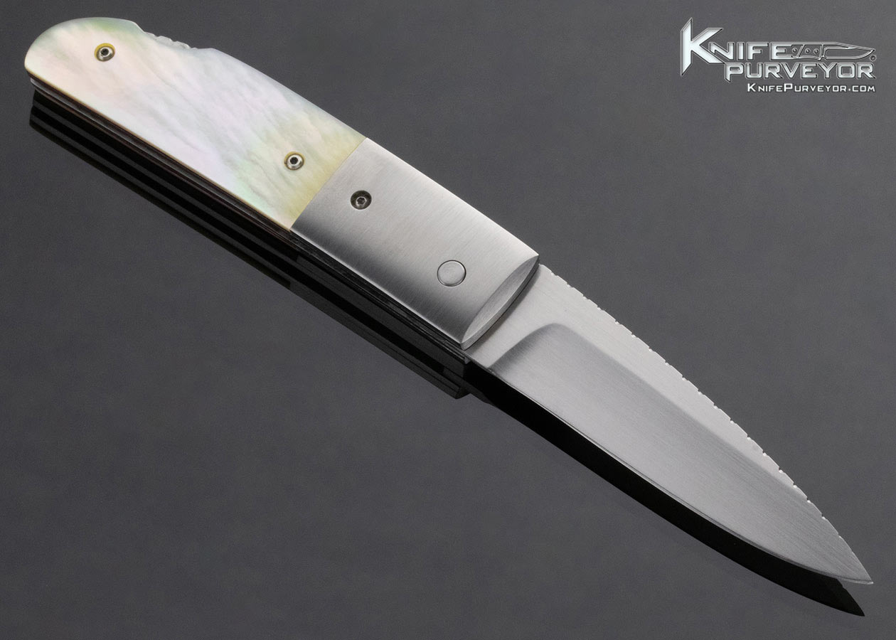 Mel Pardue Custom Knife Goldlip Pearl with Red Spacers and Titanium Bolsters, File Worked Lockback - Image 3
