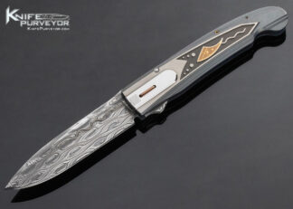 Michael Walker Custom Knife Deep Acid Etched Damasteel Machined Titanium with an Un-Etched Damascus D-Lock 2015 AKI Inside Catalogue Cover Knife 18227
