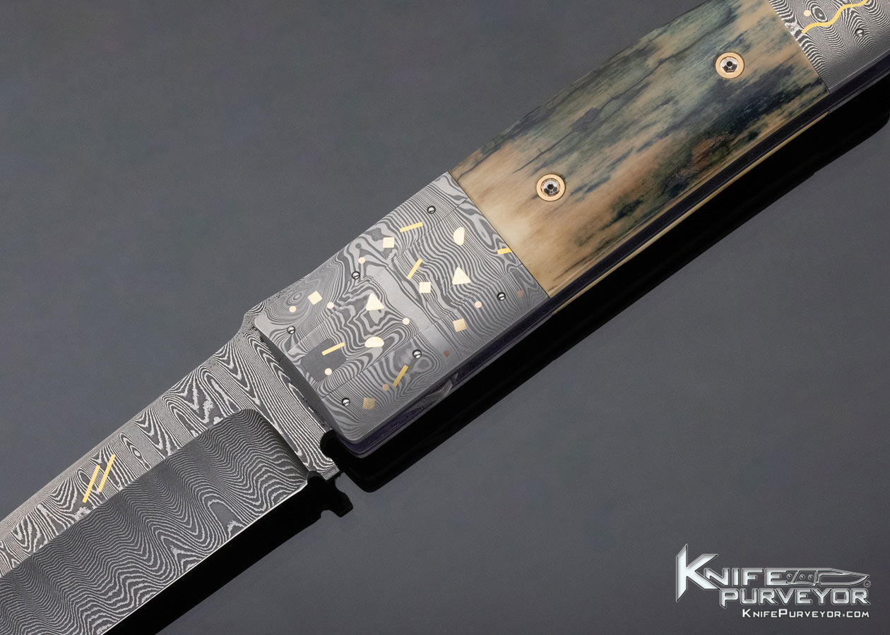 Michael Walker Custom Knife Damasteel Damascus with 24Kt Gold Inlays and Mammoth California Opening Trapdoor Lock Folder - Image 2