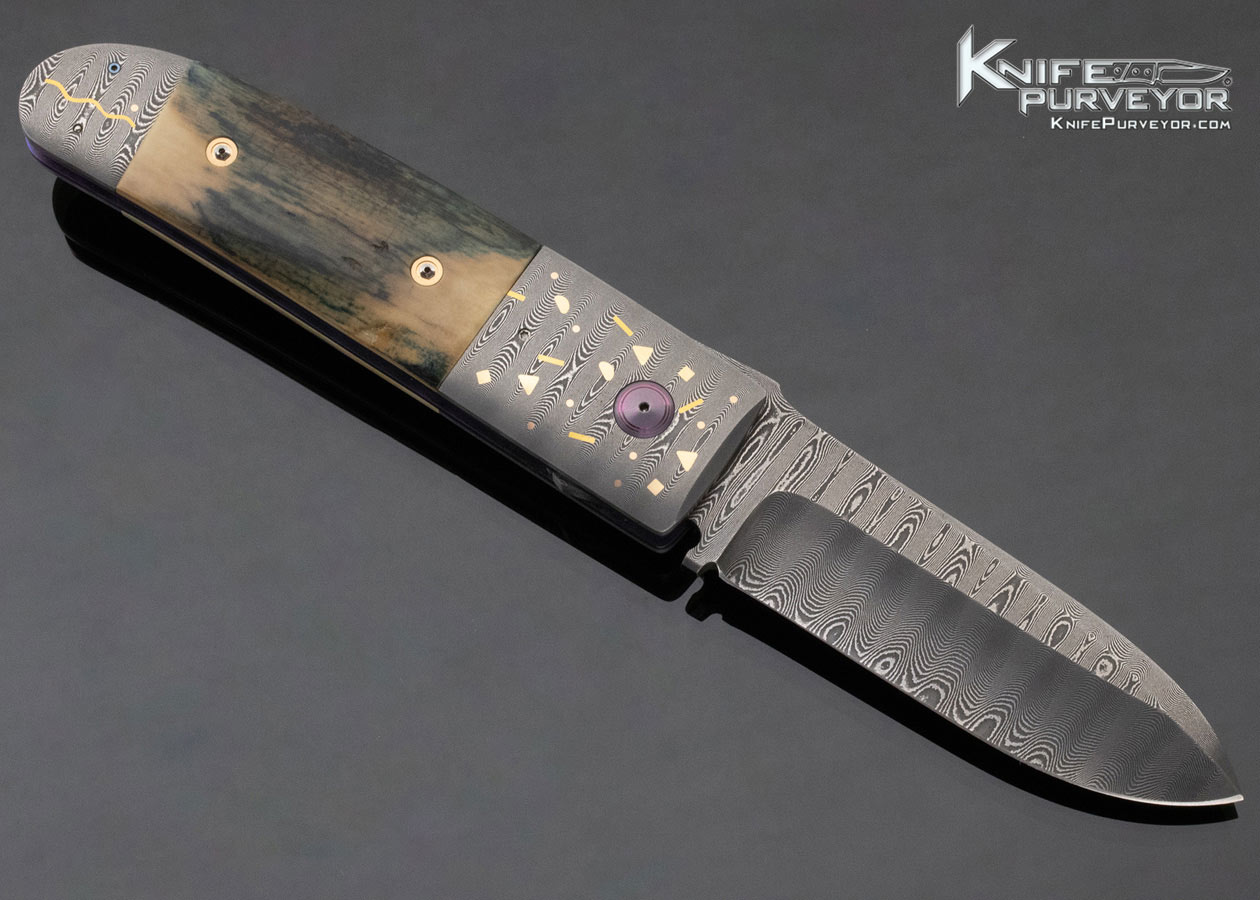 Michael Walker Custom Knife Damasteel Damascus with 24Kt Gold Inlays and Mammoth California Opening Trapdoor Lock Folder - Image 3