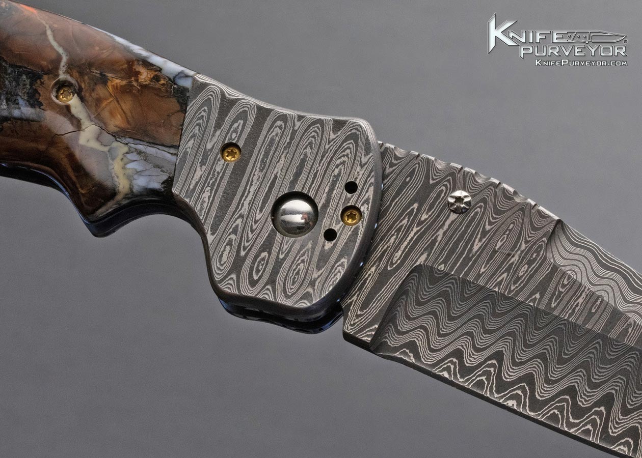 Pat Crawford Custom Knife Mammoth and Damascus Kasper Linerlock - Image 4