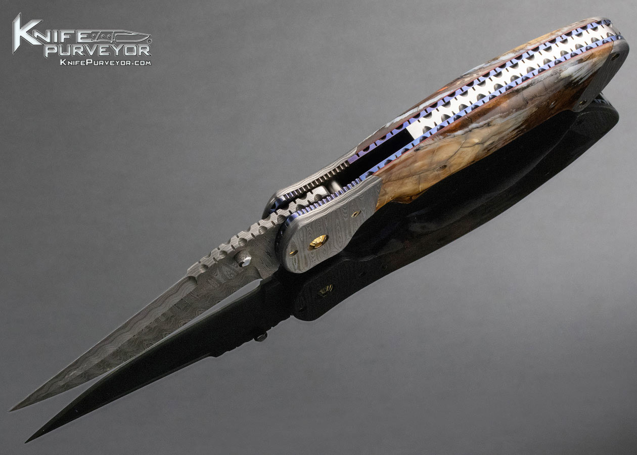 Pat Crawford Custom Knife Mammoth and Damascus Kasper Linerlock - Image 9