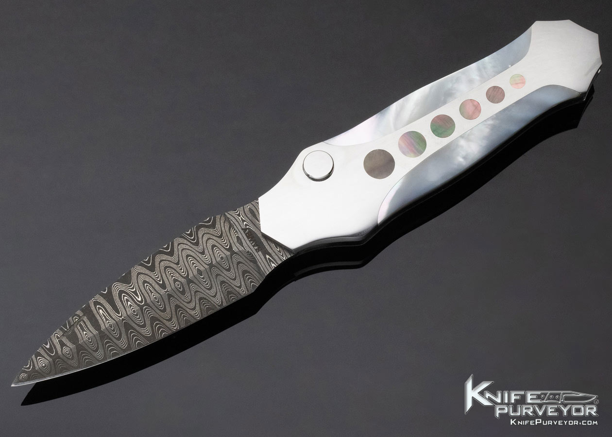 Scott Sawby Custom Knife Egret Blacklip Pearl Shell Inlays with Mike Norris Damascus Button Lock 11907