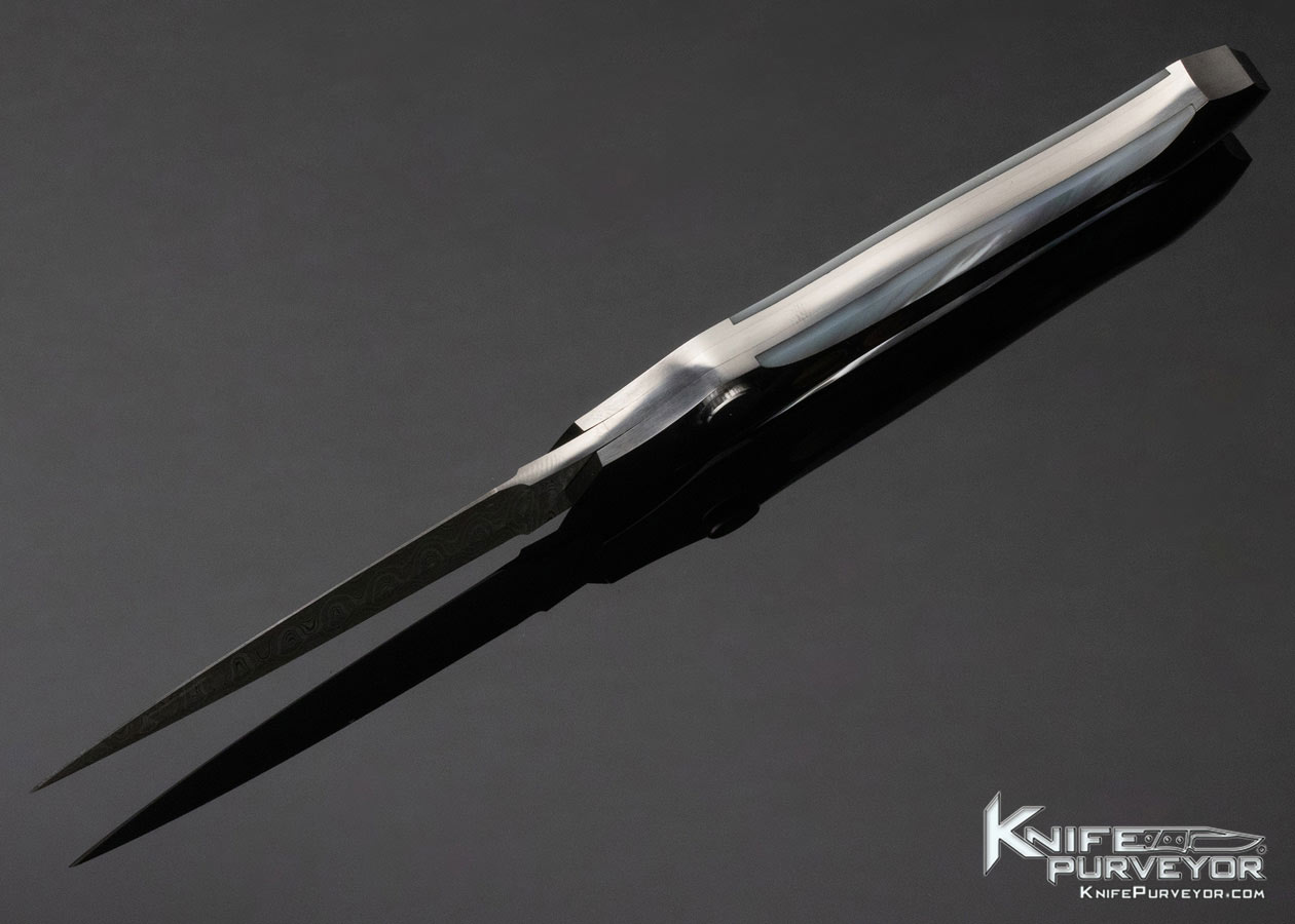Scott Sawby Custom Knife Blacklip Pearl Shell Inlays with Mike Norris Damascus Button Lock Egret - Image 6