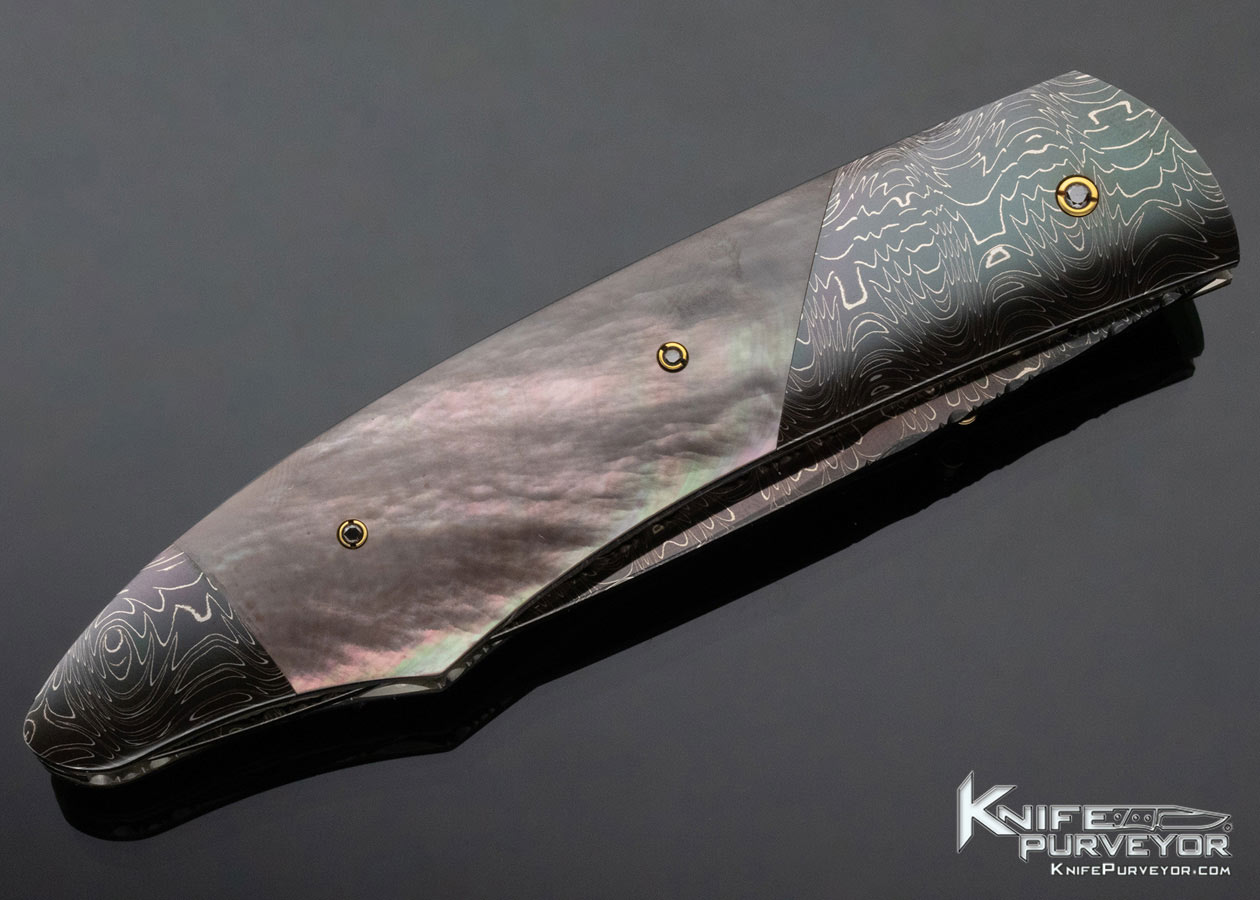 Stan Wilson Custom Knife Double Bolster Damascus and Black Lip Pearl Linerlock - Image 5
