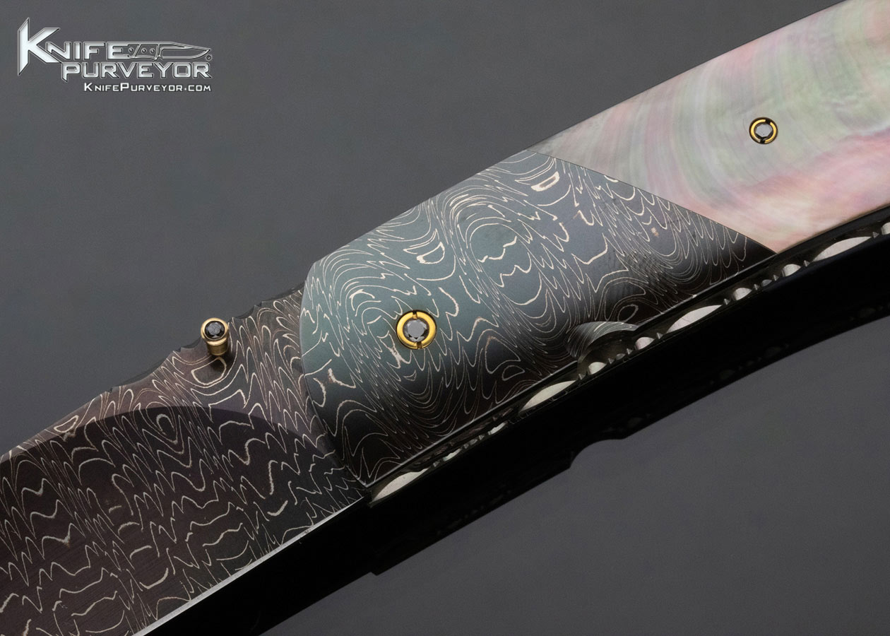 Stan Wilson Custom Knife Double Bolster Damascus and Black Lip Pearl Linerlock - Image 2