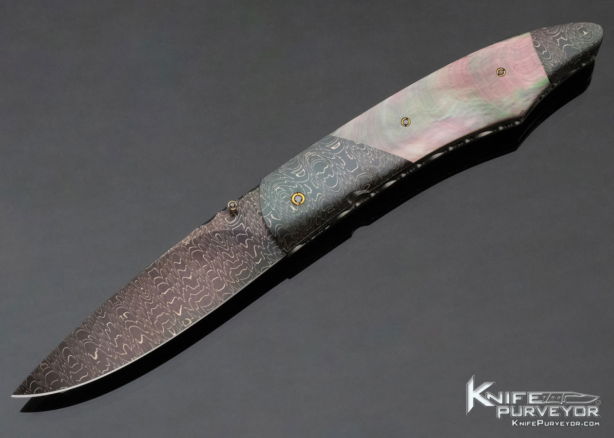 Stan-Wilson-Custom-Knife-Double-Bolster-Damascus-and-Black-Lip-Pearl-Linerlock-12420