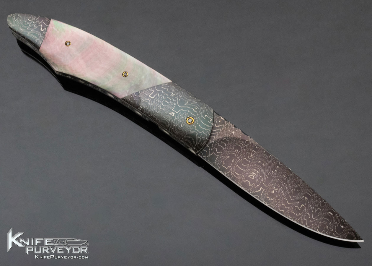 Stan Wilson Custom Knife Double Bolster Damascus and Black Lip Pearl Linerlock - Image 3