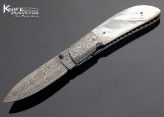 Unknown Maker Damascus and Mother of Pearl with Blue Linerlock 14129