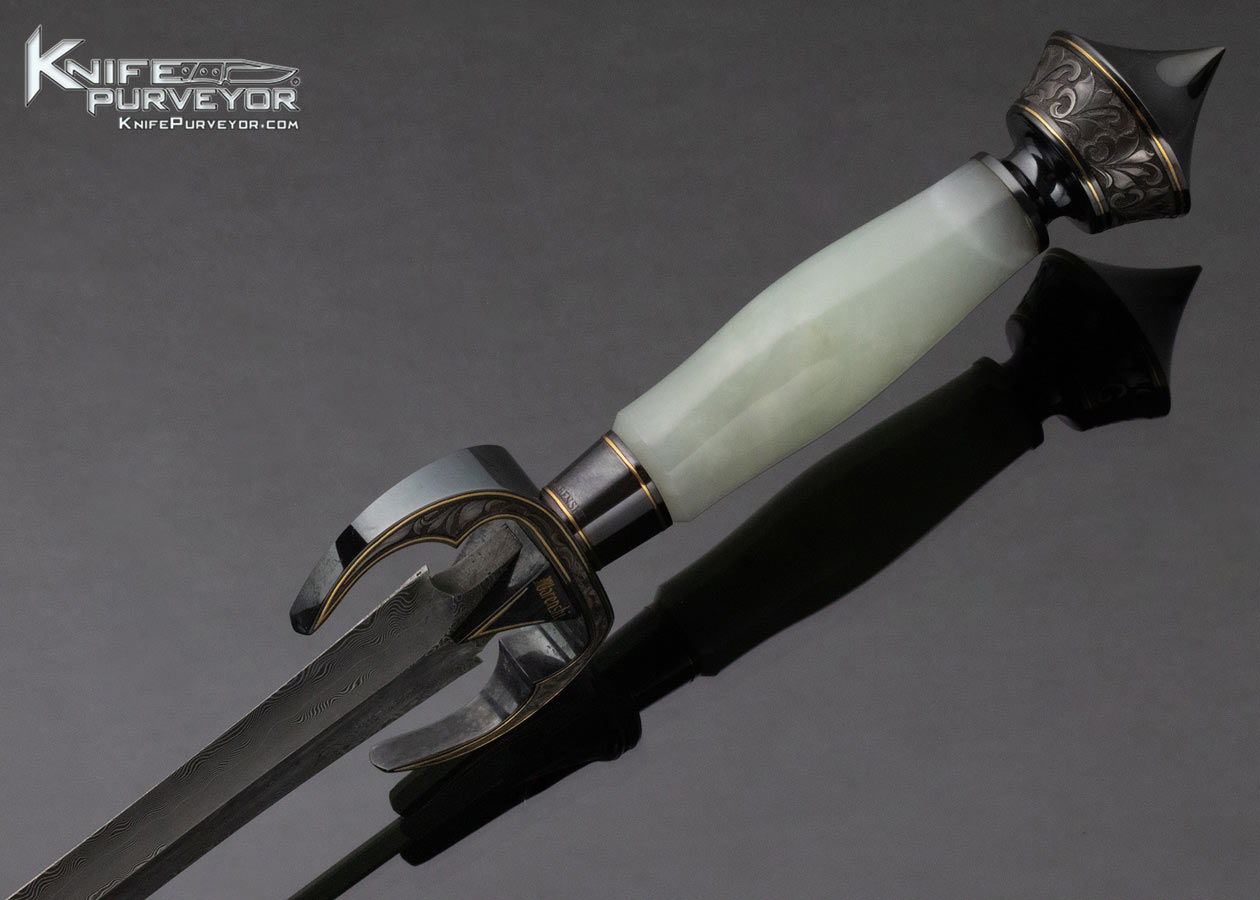 Buster Warenski Custom Knife Julie Warenski Engraved White Jade and Damascus Presentation Dagger with 24Kt Gold Engraved Blued Fittings - Image 5