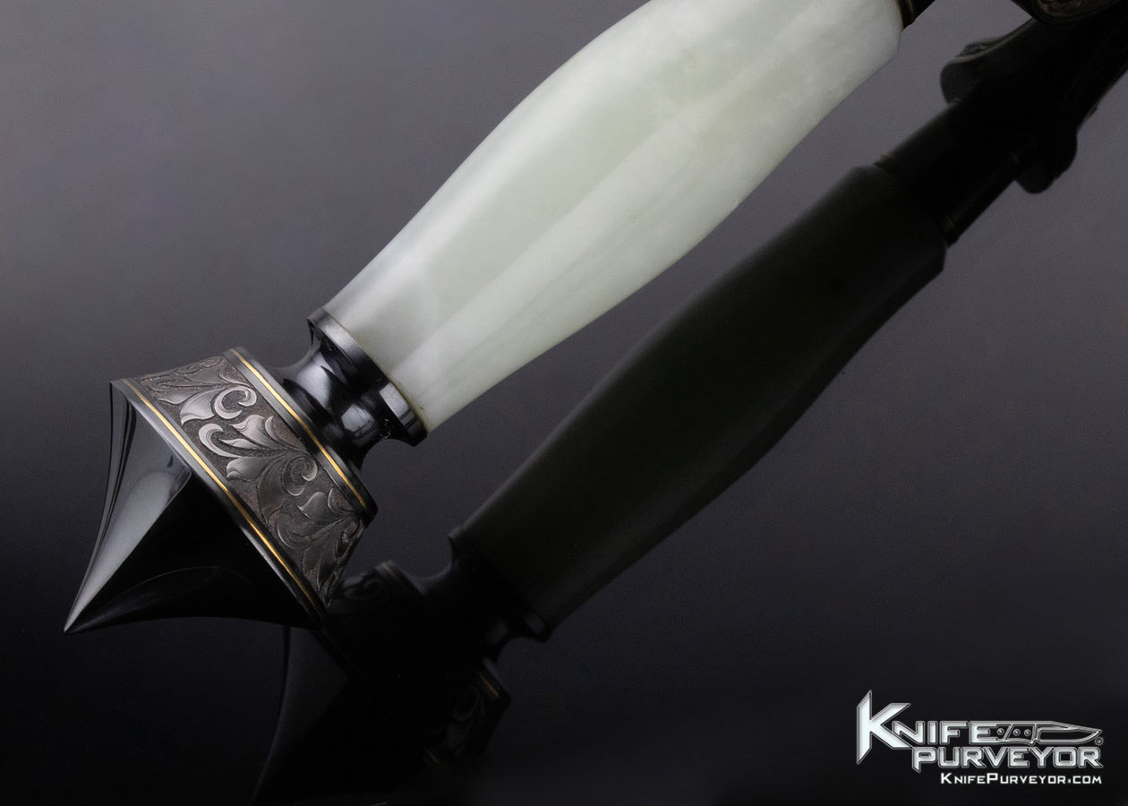Buster Warenski Custom Knife Julie Warenski Engraved White Jade and Damascus Presentation Dagger with 24Kt Gold Engraved Blued Fittings - Image 6