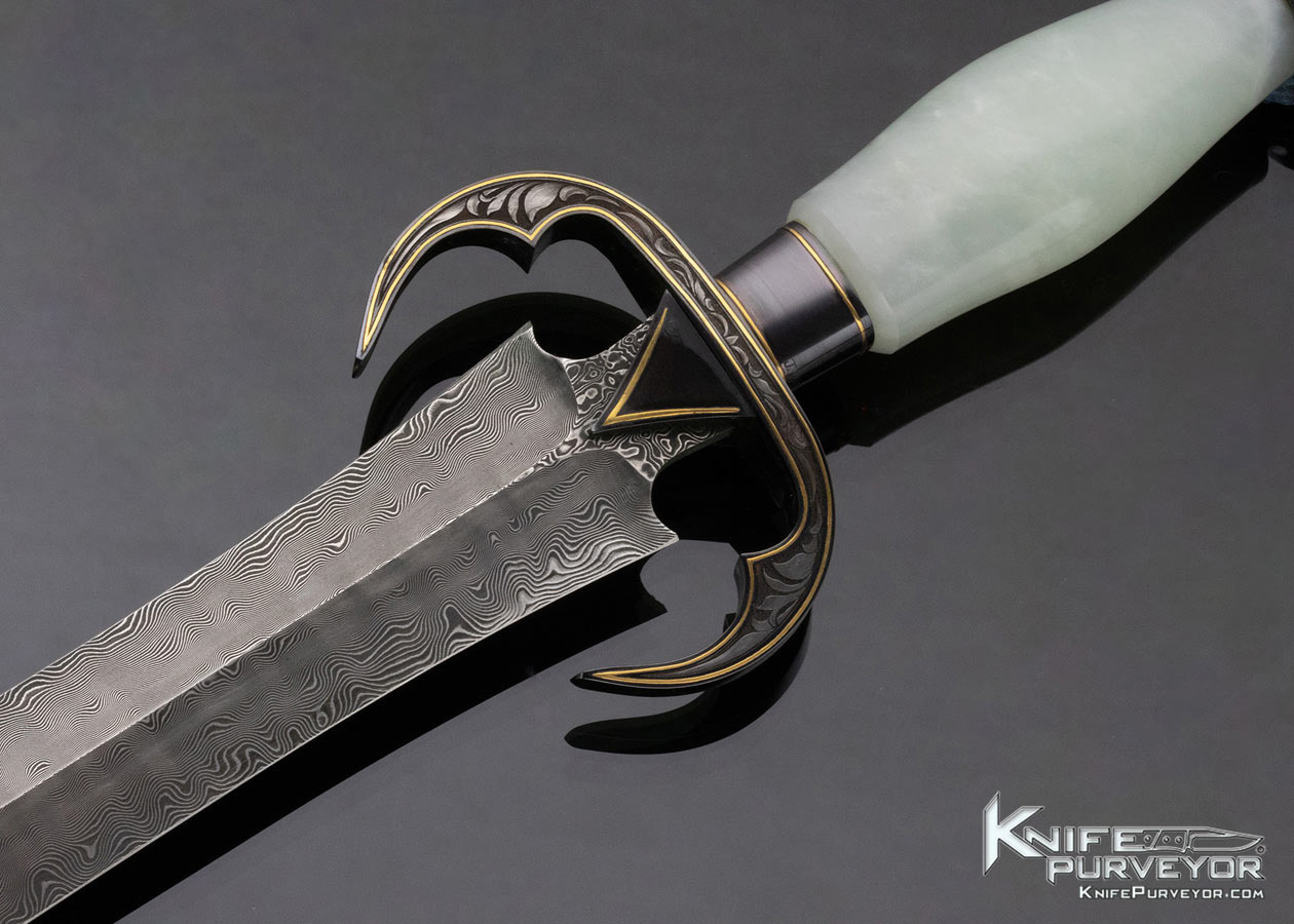 Buster Warenski Custom Knife Julie Warenski Engraved White Jade and Damascus Presentation Dagger with 24Kt Gold Engraved Blued Fittings - Image 2