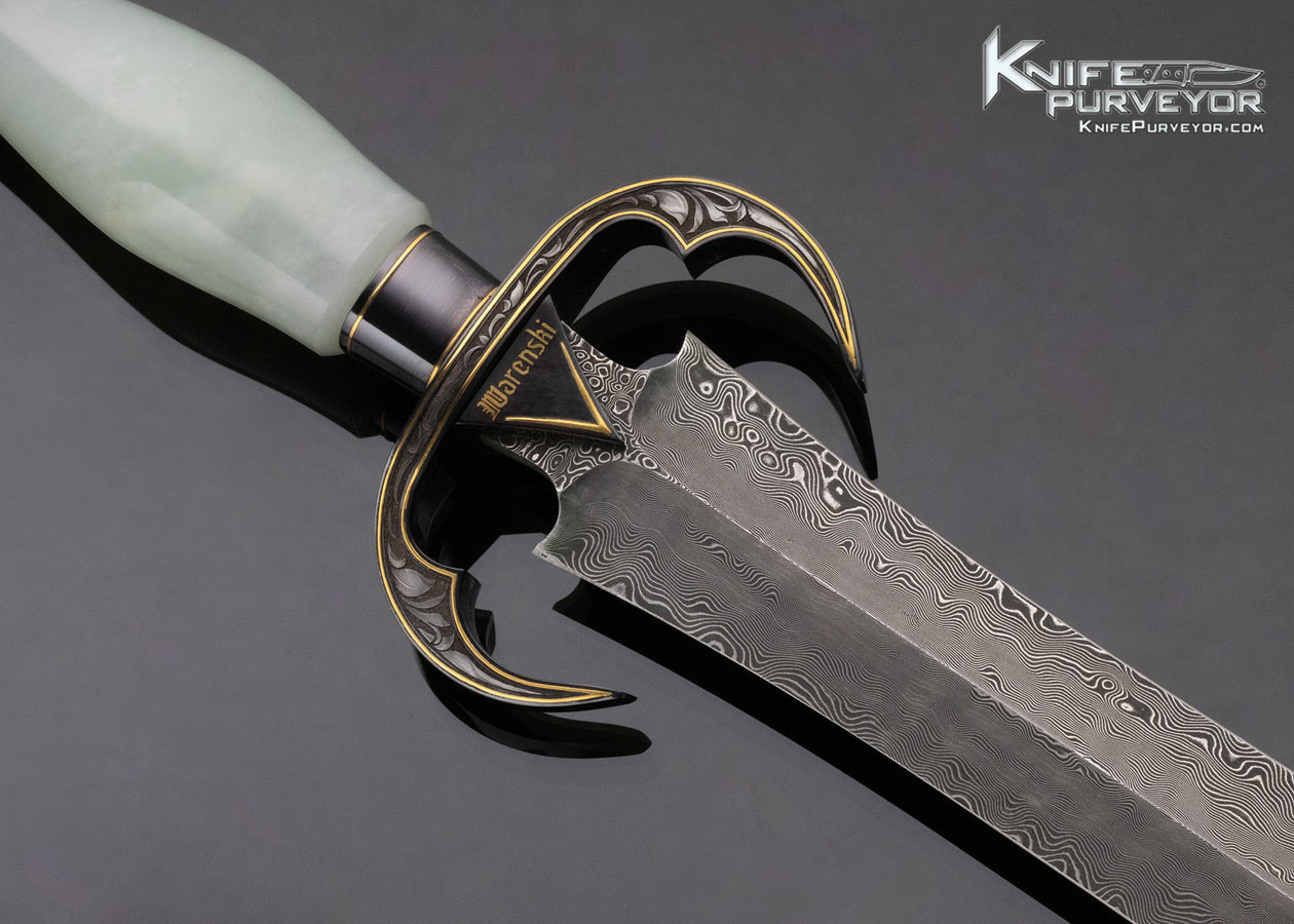 Buster Warenski Custom Knife Julie Warenski Engraved White Jade and Damascus Presentation Dagger with 24Kt Gold Engraved Blued Fittings - Image 4