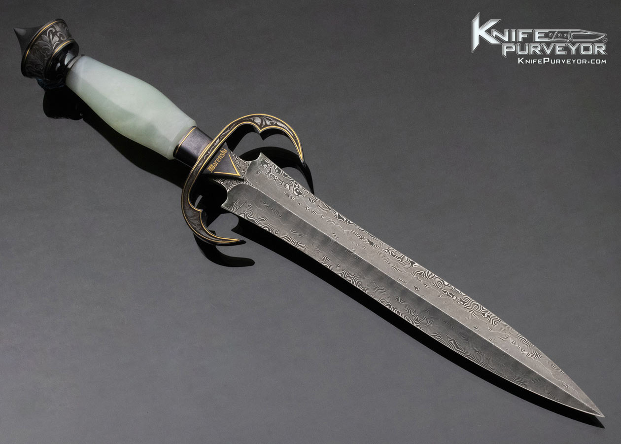 Buster Warenski Custom Knife Julie Warenski Engraved White Jade and Damascus Presentation Dagger with 24Kt Gold Engraved Blued Fittings - Image 3