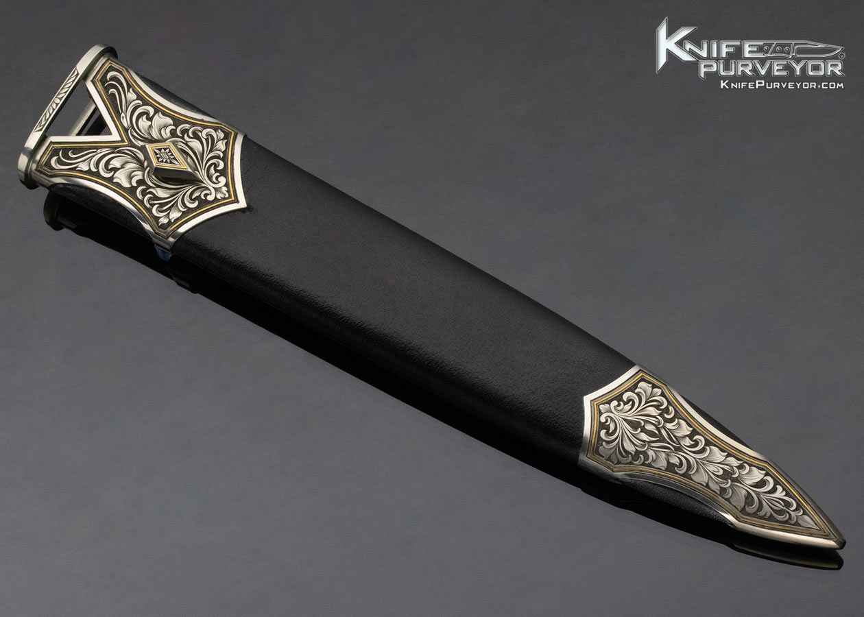 Buster Warenski Custom Knife Julie Warenski Engraved White Jade and Damascus Presentation Dagger with 24Kt Gold Engraved Blued Fittings 12168