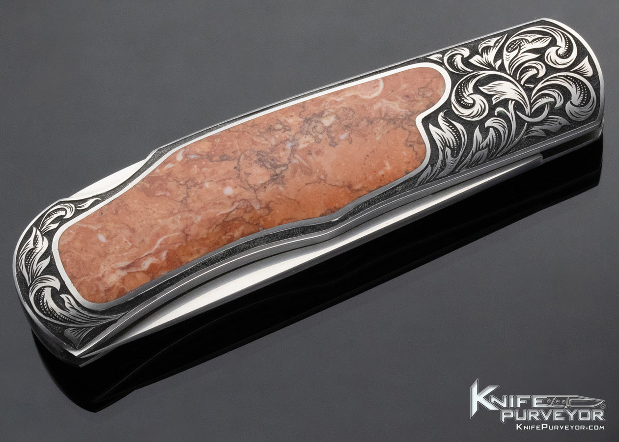 Eldon Peterson Custom Knife Engraved by G. Grimm Lockback Morrisonite Jasper Inlay (Knife Featured in a Video) - Image 5