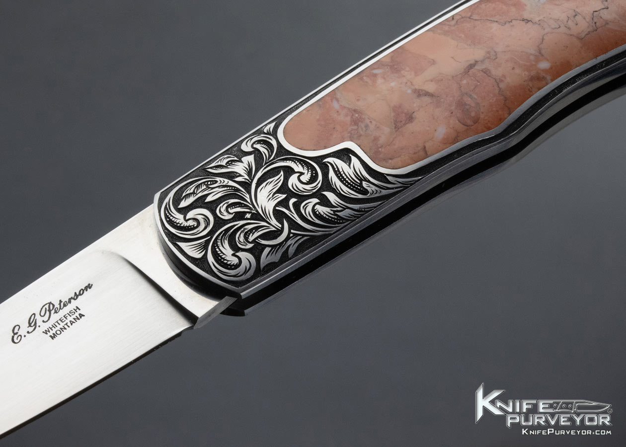 Eldon Peterson Custom Knife Engraved by G. Grimm Lockback Morrisonite Jasper Inlay (Knife Featured in a Video) - Image 2