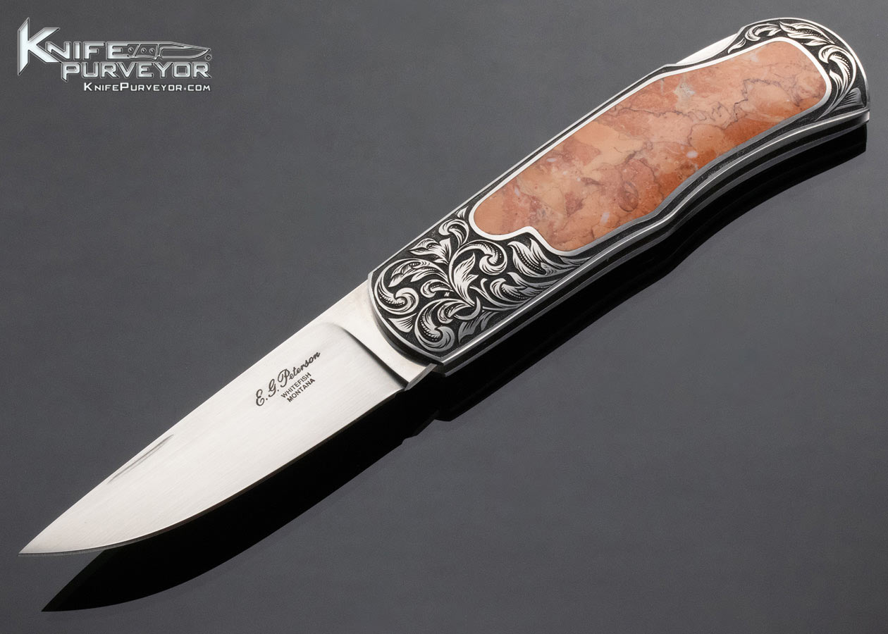 E. G. Peterson Custom Knife Engraved by G. Grimm Lockback Morrisonite Jasper Inlay 14697