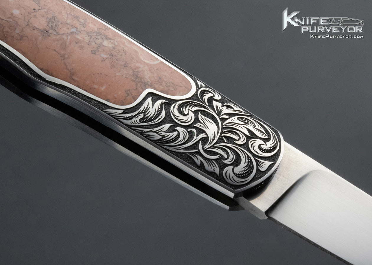 Eldon Peterson Custom Knife Engraved by G. Grimm Lockback Morrisonite Jasper Inlay (Knife Featured in a Video) - Image 4